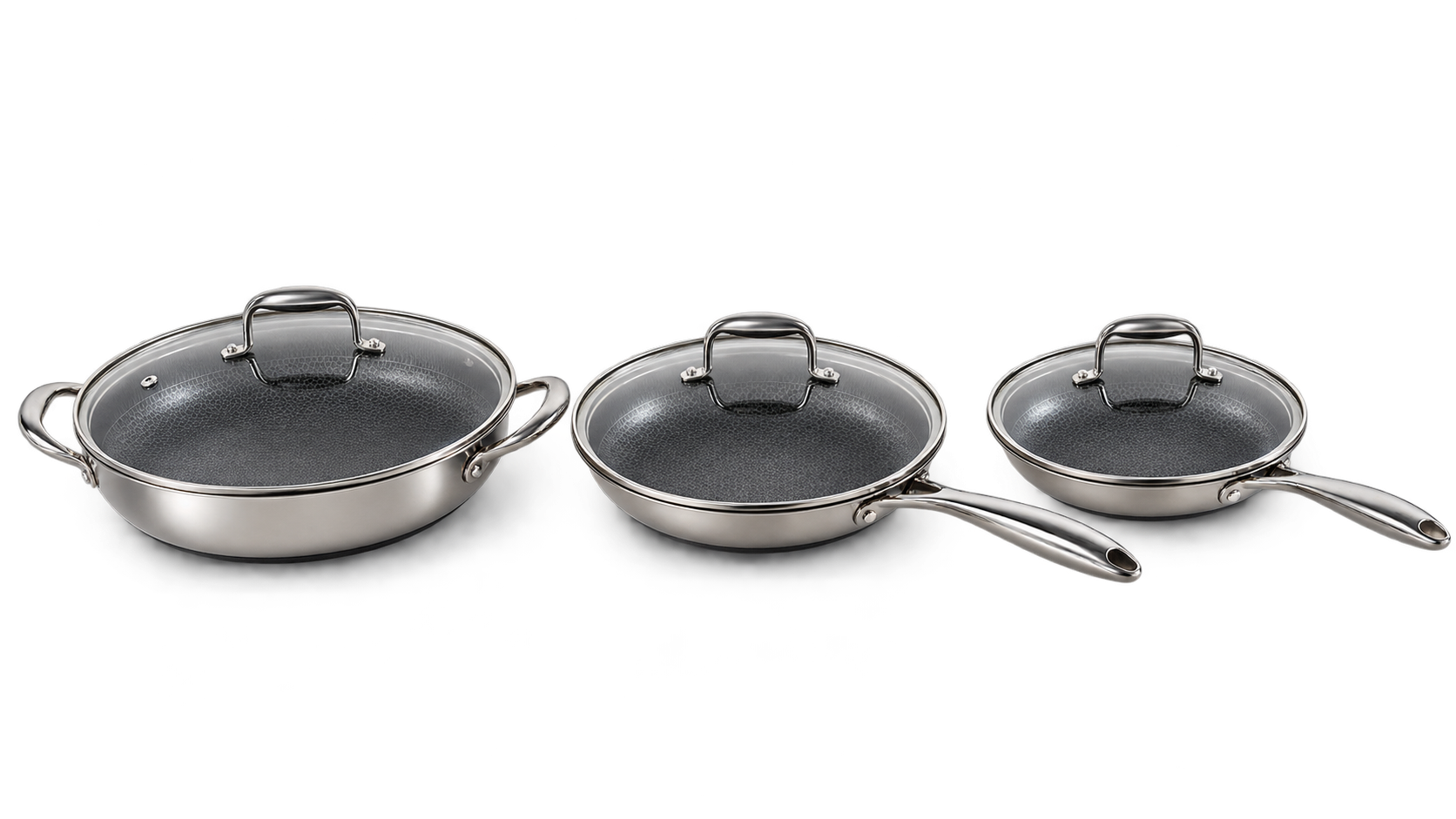 Three stainless steel cookware sets with glass lids in different sizes, arranged side by side on a white background.