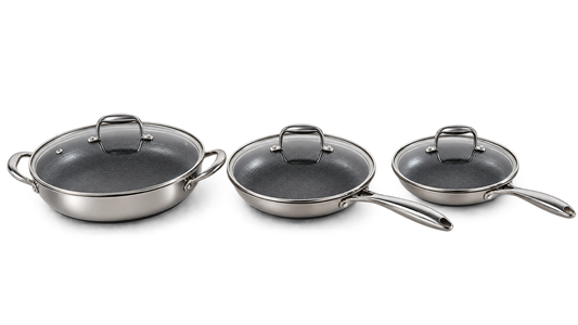 Three stainless steel cookware sets with glass lids in different sizes, arranged side by side on a white background.