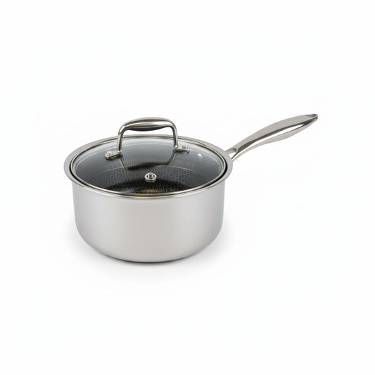 18cm Stainless steel saucepan with lid on a white background